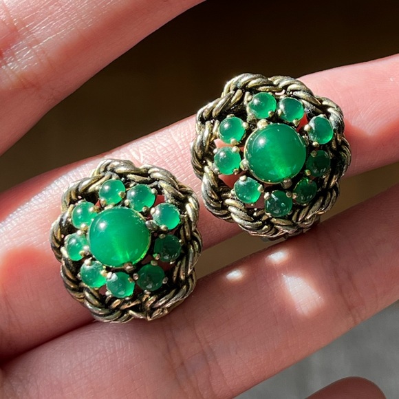 Dior Jewelry - Vintage Christian Dior 1962 Cluster Green Poured Glass Cabochon Clip-On Earrings